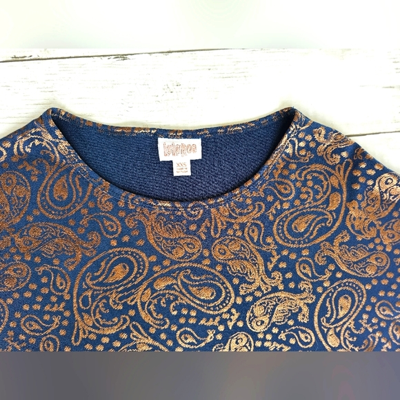 NEW Elegant Lularoe Navy Blue & Gold Shimmer Shiny Irma Paisley Print Stretchy - Picture 6 of 8